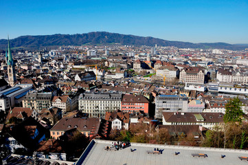 The panoramic view of the old town of Zürich-City from the Swiss Federal Institut of Technology (ETH) lounge