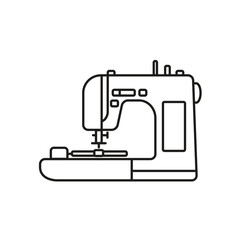 Black & white vector illustration of embroidery sewing machine. Line icon of patchwork quilt tool. Isolated object