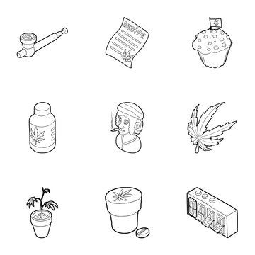 Cannabis icons set. Outline illustration of 9 cannabis vector icons for web
