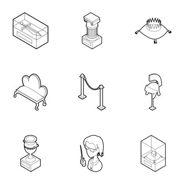 Walk in museum icons set. Outline illustration of 9 walk in museum vector icons for web