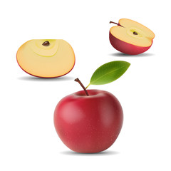 realistic red apple with green leaf and slice isolated on white background. vector illustrations
