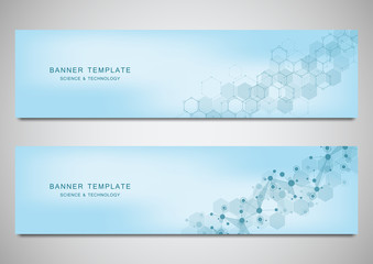 Vector banners and headers for site with molecules background and neural network. Genetic engineering or laboratory research. Abstract geometric texture for medical, science and technology design.