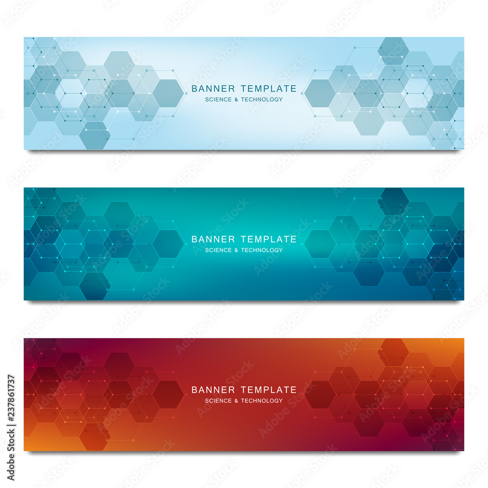 Wall mural set of vector banners and headers for site with medical background and hexagons pattern. abstract ge