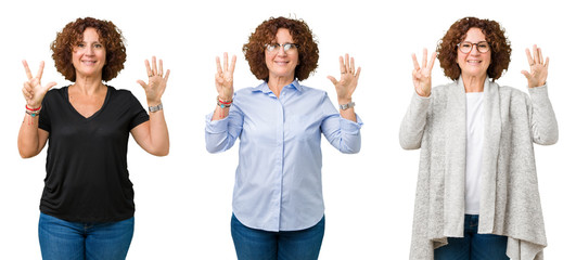 Collage of middle age senior woman over white isolated background showing and pointing up with fingers number eight while smiling confident and happy.