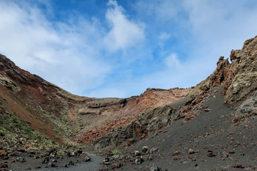 Inside a volcano caldera crater. Volcán El Cuervo, Lanzarote, Canary Islands.