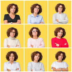 Fototapeta na wymiar Collage of middle age senior woman over yellow isolated background skeptic and nervous, disapproving expression on face with crossed arms. Negative person.