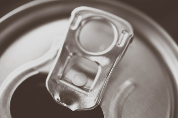 Metal soda can top, close up. Shiny steel drink container, opener macro view.