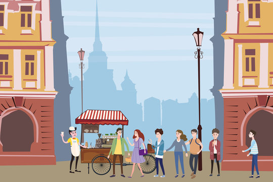 Coffee cart, barista, colored coffee shop outdoor composition, city, with buyers standing in line for coffee, men and women, teenagers, urban scene, vector, cartoon style, isolated