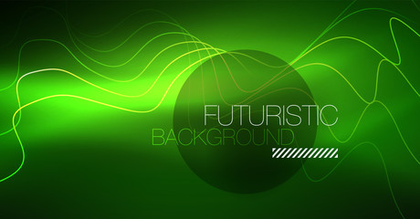 Abstract shiny glowinng color wave design element on dark background - science or technology concept