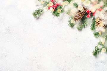 Christmas flatlay background with fir tree brunch and red decora