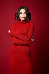 Beautiful sexy pretty woman red lipstick jewelry earrings brunette hair cosmetic makeup fashion...