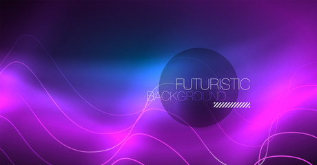 Glowing abstract wave on dark, shiny motion, Christmas and New Year magic space light. Techno abstract background