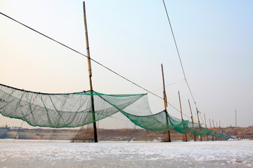 nets in shores of an icy river