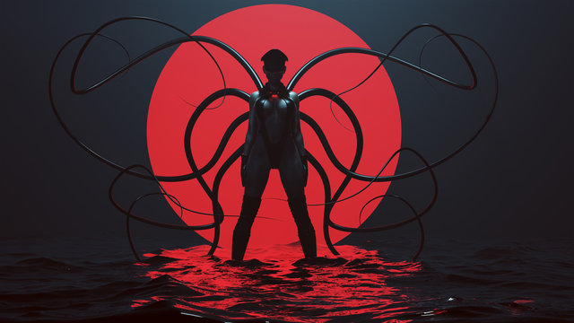 Sexy Demon Woman in a Black Leotard with Boots and Cap with Tactile Tentacles in a Foggy Void with a Red Sphere and Water 3d Illustration 3d render