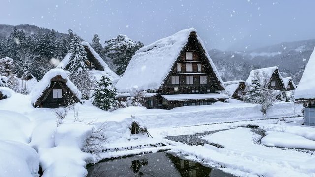 Snowfall in Shirakawa-go village in winter, UNESCO world heritage sites, Japan.