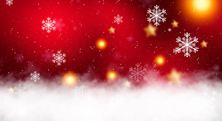 Red sparkling background with stars and snowflakes, the magical atmosphere of the Christmas holidays. Red bokeh background with snowflakes. Empty winter background, snowy, celebratory, sparks and star
