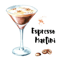 Espresso martini cocktail with coffe grains. Watercolor hand drawn illustration  isolated on white background