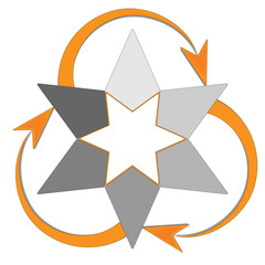Star infographic with arrows in direction of rotation, 6 elements in gray and with orange arrows