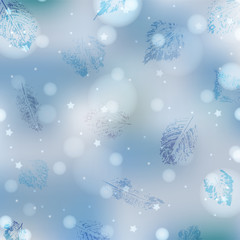 Light blue winter background with frozen leaves, lights and stars. Abstract background in light blue and white colors for banner, poster, card, wallpaper. Suitable for Christmas, New Year. EPS 10