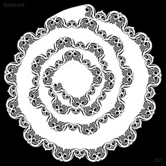 Lace round paper doily, drawing spiral, greeting element, laser cut  template, doily to decorate the cake,  vector illustrations.