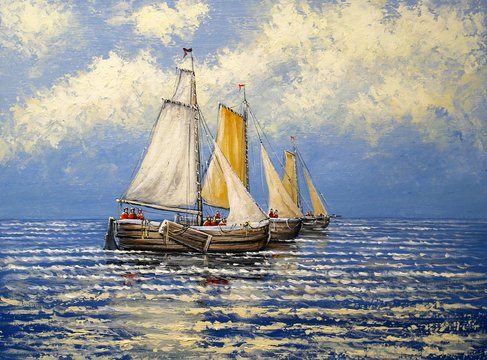 Oil paintings sea landscape. Fisherman, boats.