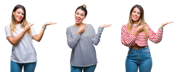 Collage of young beautiful woman over isolated background amazed and smiling to the camera while presenting with hand and pointing with finger.