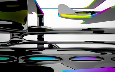 Abstract dynamic interior with black smooth objects and  colored glass lines. 3D illustration and rendering
