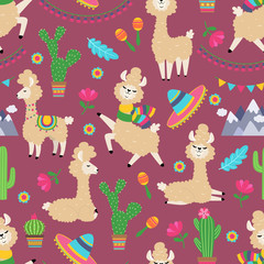 Llama seamless pattern. Alpaca baby and cactus girly textile texture. Lama tribal concept