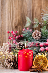 Christmas greeting card. Festive decoration on wooden background. New Year concept. Copy space.  Flat lay. Top view.