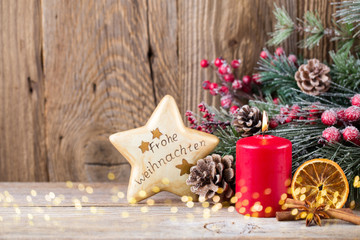 Christmas greeting card. Festive decoration on wooden background. New Year concept. Copy space.  Flat lay. Top view.