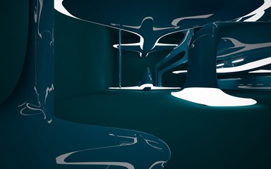 Fototapeta na wymiar Abstract interior of the future in a minimalist style with blue sculpture. Night view from the backligh. Architectural background. 3D illustration and rendering
