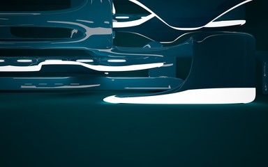 Abstract interior of the future in a minimalist style with blue sculpture. Night view from the backligh. Architectural background. 3D illustration and rendering