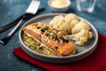 Solomon fillet with pineapple and cauliflower. Fish with vegetables.