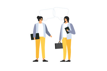 Young womens talk to each other, discuss news, social networks. People with dialogue speech bubbles on light background. Concept of communication. Meeting business people. Vector flat illustration.
