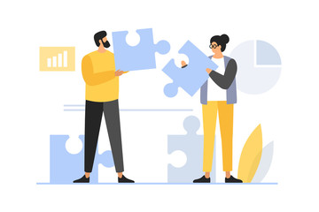 Concept of teamwork, building working system. The man and woman collects puzzles. Solution of business problems. Vector flat illustration.