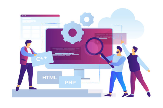 Concept of software development and applications. Team of young cartoon staff is working on programming site. Cooperation in web agency. Vector flat illustration.