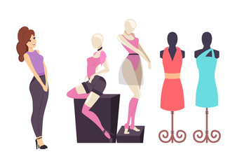 Obraz na płótnie Canvas Female Shopaholic Shopping in Clothes Store Vector