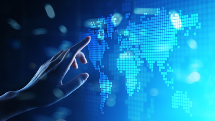 World wide map hologram on virtual screen. Global business and telecommunication technology concept.
