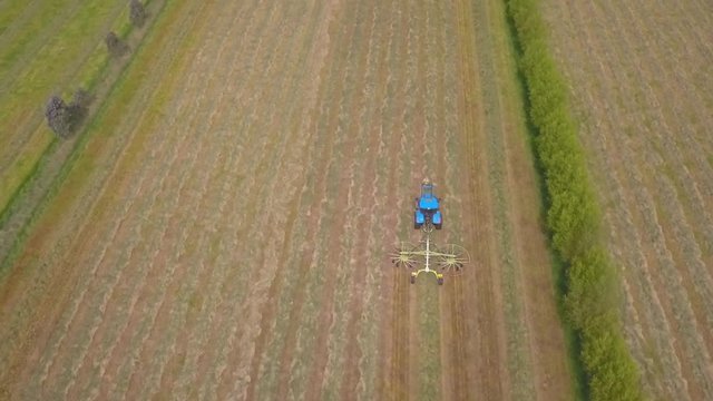 Rising aerial shot of tractor racking hay into rows to prepare for baling on a Waitepeka, New Zealand, farm.