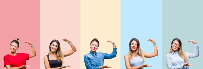 Fototapeta na wymiar Collage of young beautiful woman over colorful stripes isolated background gesturing with hands showing big and large size sign, measure symbol. Smiling looking at the camera. Measuring concept.