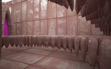 Empty smooth abstract room interior of sheets rusted metal with glossy pink surface. Architectural background. 3D illustration and rendering