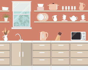 Kitchen interior in orange color. There is a microwave, a kettle, plates, cups, knives and other kitchen tools on a window background. There is also room flower on the shelf. Vector illustration