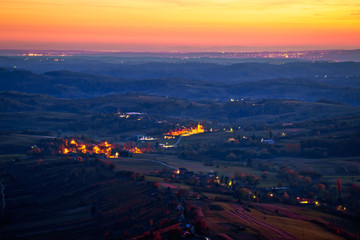 Evening view of villages and landscape below Kalnik mountain