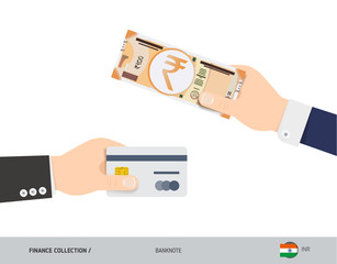 Hand giving 200 Indian Rupee and credit card instead. Flat style vector illustration. Business finance concept.