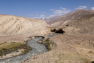 Pamir River in the Pamir Mountains on the border between Tajikistan (left side) and Afghanistan (right side)