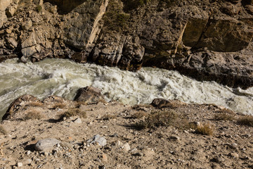 Pamir River in the Pamir Mountains on the border between Tajikistan (below) and Afghanistan (above)