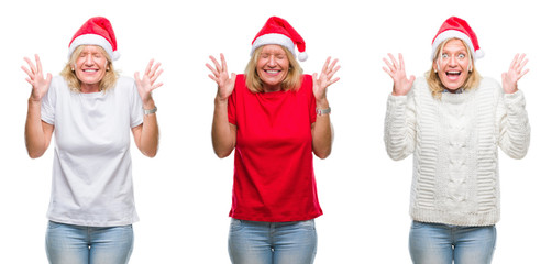 Fototapeta premium Collage of beautiful middle age blonde woman wearing christmas hat over white isolated backgroud celebrating mad and crazy for success with arms raised and closed eyes screaming excited