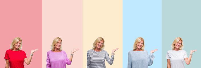 Collage of middle age senior beautiful woman over colorful stripes isolated background smiling cheerful presenting and pointing with palm of hand looking at the camera.