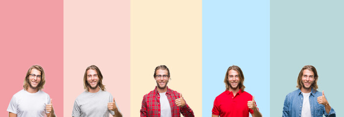 Fototapeta premium Collage of young handsome man over colorful stripes isolated background doing happy thumbs up gesture with hand. Approving expression looking at the camera showing success.