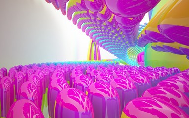 Abstract dynamic smooth interior with gradient colored objects. 3D illustration and rendering